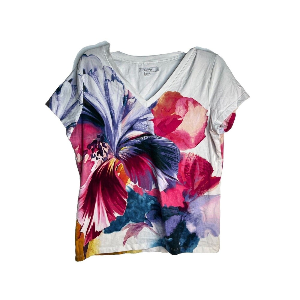Chicos Water Color Flowers Tropical Short Sleeve Blouse Shirt Womens 2 US L (15